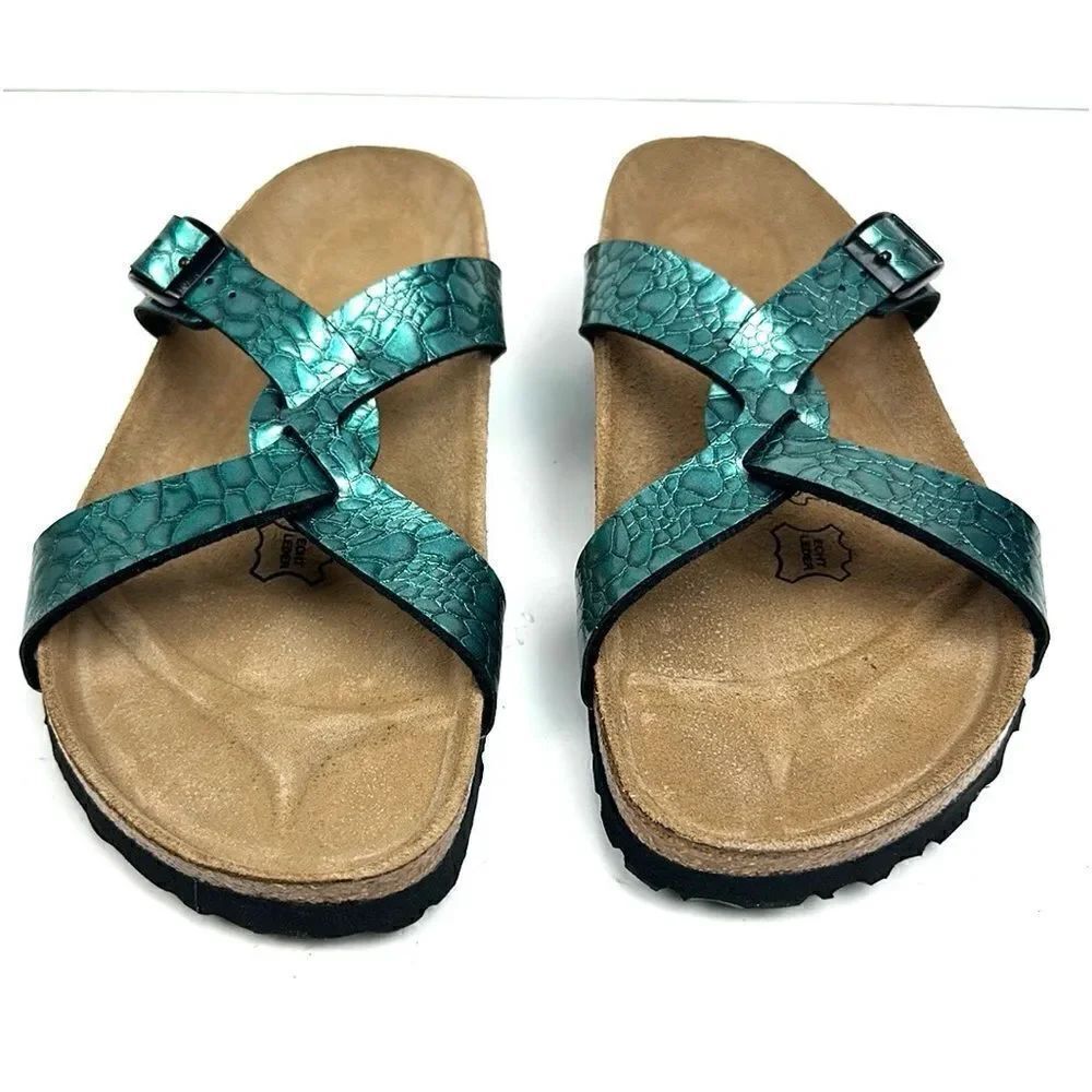 NWB Birkenstock Birki’s Sylt Metallic Turquoise Croc Embossed Sandals 38 US 7 - Picture 4 of 14